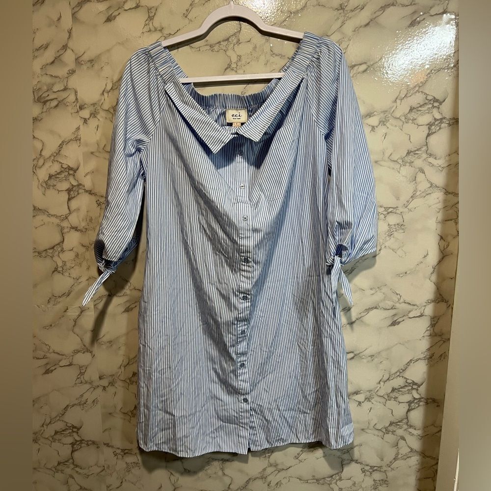 ECI Blue White Stripe Off Shoulder Shirt Dress Size 8